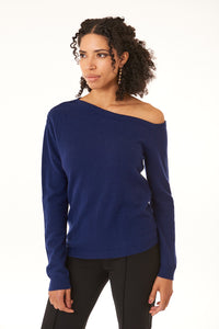 -SaleSWTR, wool cashmere blend, shirred off shoulder sweater in navy