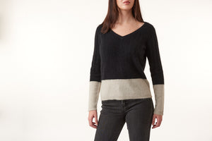 SWTR, Raccoon,  cozy rib v neck sweater in black taupe-SWTR, Raccoon,  cozy rib v neck sweater in black taupe