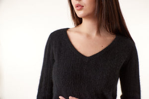 SWTR, Raccoon,  cozy rib v neck sweater in black taupe-High End Tops