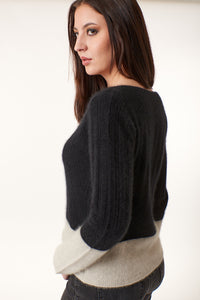 SWTR, Raccoon,  cozy rib v neck sweater in black taupe-Gifts for the Fashionista
