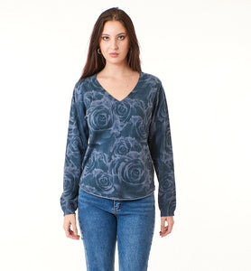 SWTR, Cotton Cashmere, v neck pullover sweater in roses print-