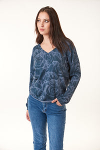 SWTR, Cotton Cashmere, v neck pullover sweater in roses print-Tops