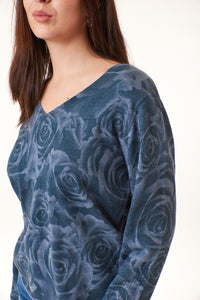 SWTR, Cotton Cashmere, v neck pullover sweater in roses print-Fine Knitwear
