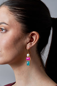 Bali Queen, Gemstone pearl and chalcedony 3 tier hook earrings-Resort Wear