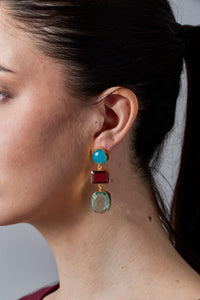 Bali Queen, Gemstone, chalcedony and ruby 3 tier earrings-Resort Wear