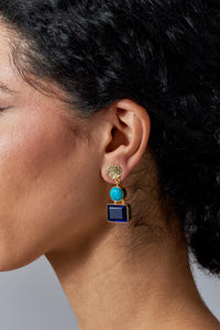 Bali Queen, Gemstone turquoise & chalcedony 2 tier earrings-Resort Wear