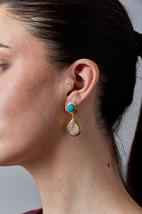 Bali Queen, Gemstone, rose quartz and turquoise teardrop earrings-Jewelry