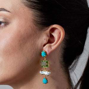 Bali Queen, Gemstone, turquoise and pearl 4 tier earrings-Resort Wear