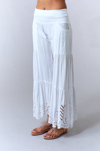 Bali Queen, Rayon Challis, Tiered Eyelet Pant in White-Bali Queen
