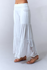 Bali Queen, Rayon Challis, Tiered Eyelet Pant in White-Bottoms