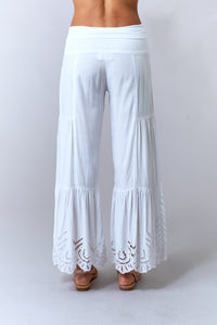 Bali Queen, Rayon Challis, Tiered Eyelet Pant in White-Bali Queen, Rayon Challis, Tiered Eyelet Pant in White