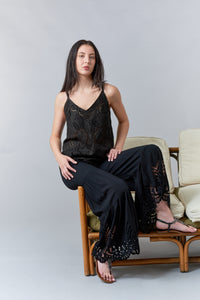 Bali Queen, Rayon Challis, Tiered Eyelet Pant in black-