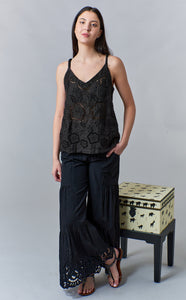 Haris Cotton, strapped linen top with embroidery eyelet-Tops