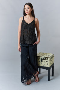 Bali Queen, Rayon Challis, Tiered Eyelet Pant in black-