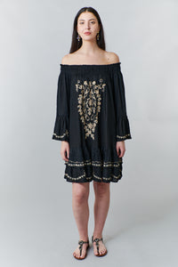 Bali Queen, Rayon Challis, ruffled embroidered off shoulder dress in black-Mini Dress