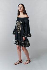 Bali Queen, Rayon Challis, ruffled embroidered off shoulder dress in black-
