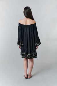Bali Queen, Rayon Challis, ruffled embroidered off shoulder dress in black-Best Sellers