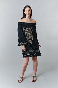-Bali QueenBali Queen, Rayon Challis, ruffled embroidered off shoulder dress in black