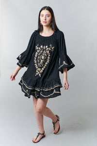 Bali Queen, Rayon Challis, ruffled embroidered off shoulder dress in black-Bali Queen, Rayon Challis, ruffled embroidered off shoulder dress in black
