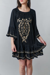 Bali Queen, Rayon Challis, ruffled embroidered off shoulder dress in black-Bali Queen