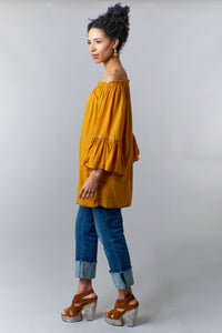 Bali Queen, Rayon Challis, off shoulder peasant tunic in dark mustard-Mini Dress