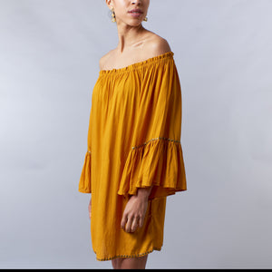 Bali Queen, Rayon Challis, off shoulder peasant tunic in dark mustard-
