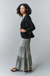 -Long SleeveHaris Cotton, organic linen ruffled shirt jacket in black