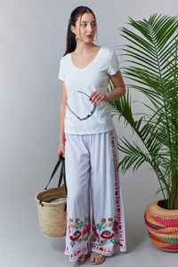 Bali Queen, Rayon Challis, contrast embroidered palazzo pants in white-