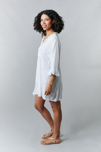 Bali Queen, Rayon Challis, crinkled poet tunic dress in white-Resort Wear