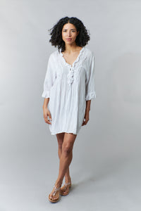 Bali Queen, Rayon Challis, crinkled poet tunic dress in white-Bali Queen