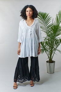 Bali Queen, Rayon Challis, crinkled poet tunic dress in white-Resort Wear