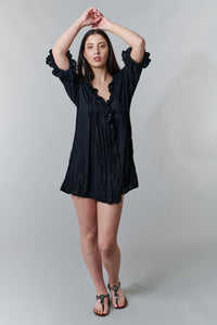 Bali Queen,Rayon Challis, crinkled poet tunic dress in black-Promo Eligible