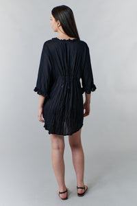 Bali Queen,Rayon Challis, crinkled poet tunic dress in black-Promo Eligible