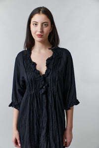Bali Queen,Rayon Challis, crinkled poet tunic dress in black-Resort Wear