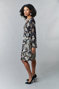 Maliparmi, Knit Jersey, black floral scroll print flare midi dress-Italian Designer Collection-Dresses