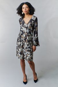 -New DressesMaliparmi, Knit Jersey, black floral scroll print flare midi dress-Italian Designer Collection