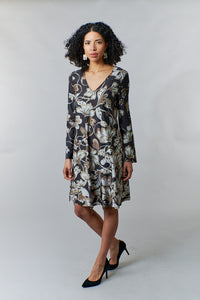 Maliparmi, Knit Jersey, black floral scroll print flare midi dress-Italian Designer Collection-
