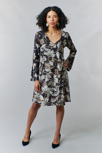 Maliparmi, Knit Jersey, black floral scroll print flare midi dress-Italian Designer Collection-High End