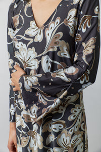 Maliparmi, Knit Jersey, black floral scroll print flare midi dress-Italian Designer Collection-Promo Eligible