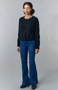 Mia Peru, sustainable alpaca, cable knit crew neck sweater with poms-