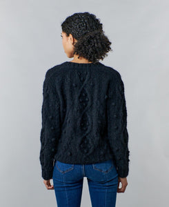 Mia Peru, sustainable alpaca, cable knit crew neck sweater with poms-
