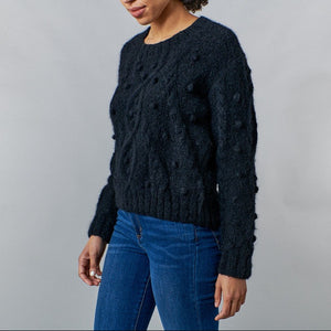 -TopsMia Peru, sustainable alpaca, cable knit crew neck sweater with poms