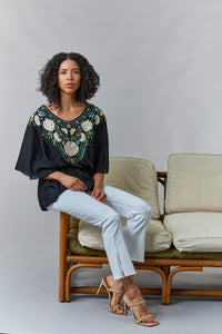 Bali Queen, Rayon Gauze, embroidered angel wing peasant blouse in black-Blouses
