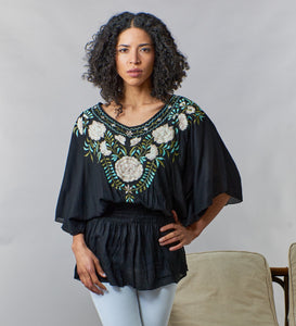 Bali Queen, Rayon Gauze, embroidered angel wing peasant blouse in black-