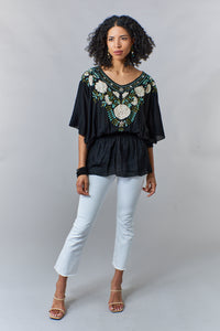 Bali Queen, Rayon Gauze, embroidered angel wing peasant blouse in black-Blouses