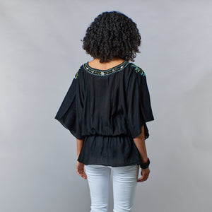 Bali Queen, Rayon Gauze, embroidered angel wing peasant blouse in black-Resort Wear