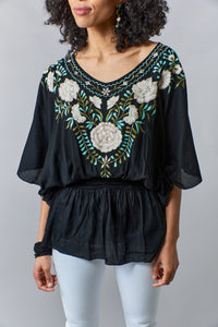 Bali Queen, Rayon Gauze, embroidered angel wing peasant blouse in black-Bali Queen