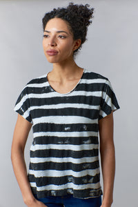 WILT, striped shifted short sleeve scoop neck top-WILT, striped shifted short sleeve scoop neck top