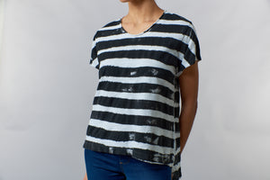 WILT, striped shifted short sleeve scoop neck top-