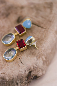 Bali Queen, Gemstone, chalcedony and ruby 3 tier earrings-Resort Wear